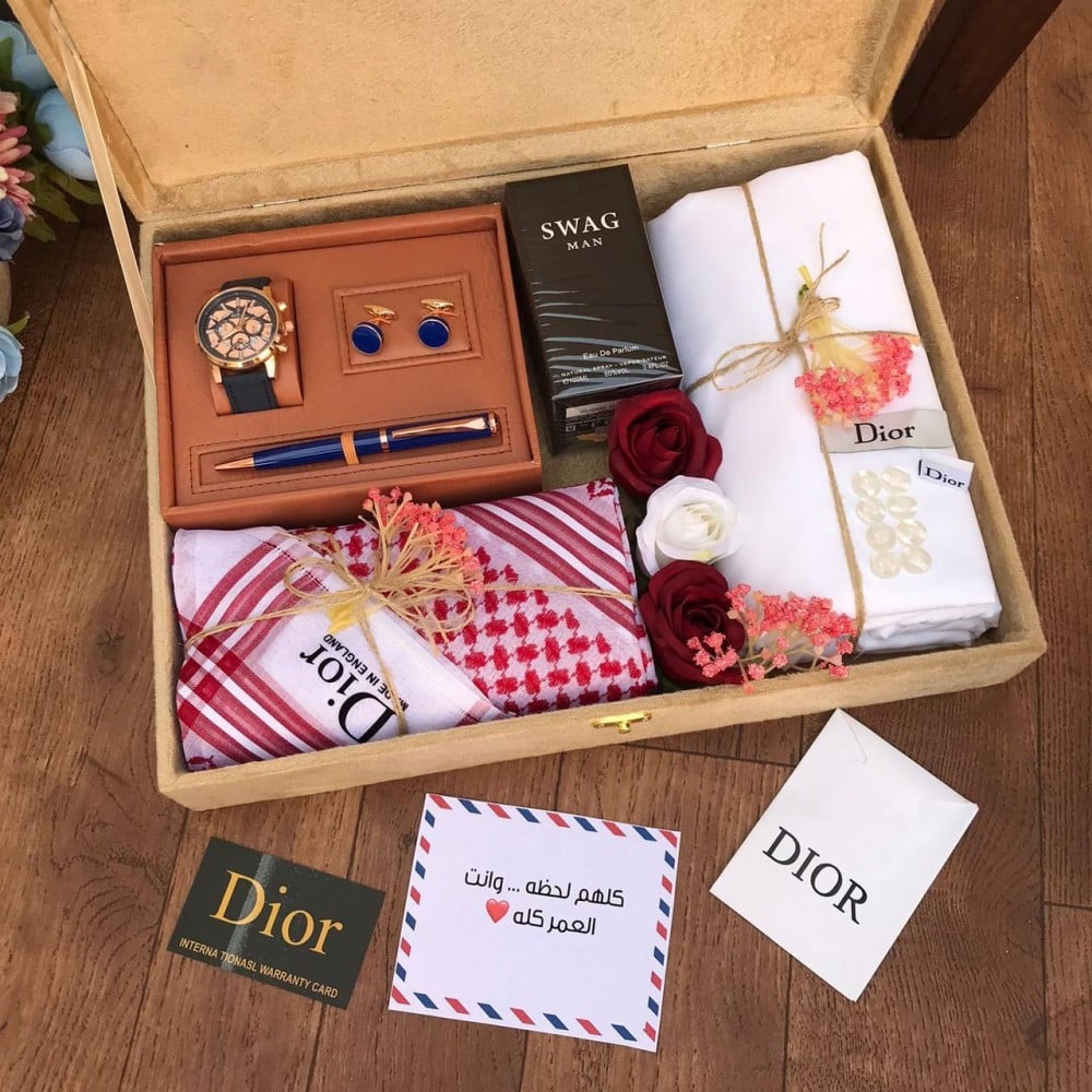 طقم هدايا رجالي فاخر ماركة Dior – قماش، شماغ، ساعة، عطر، قلم وكبك