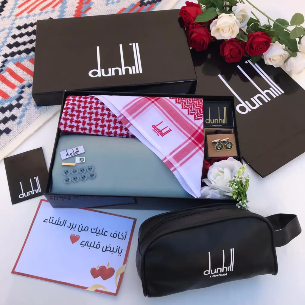 طقم هدايا رجالية دنهل فاخر – شماغ، قماش، نظارة، كبك وعلبة مميزة