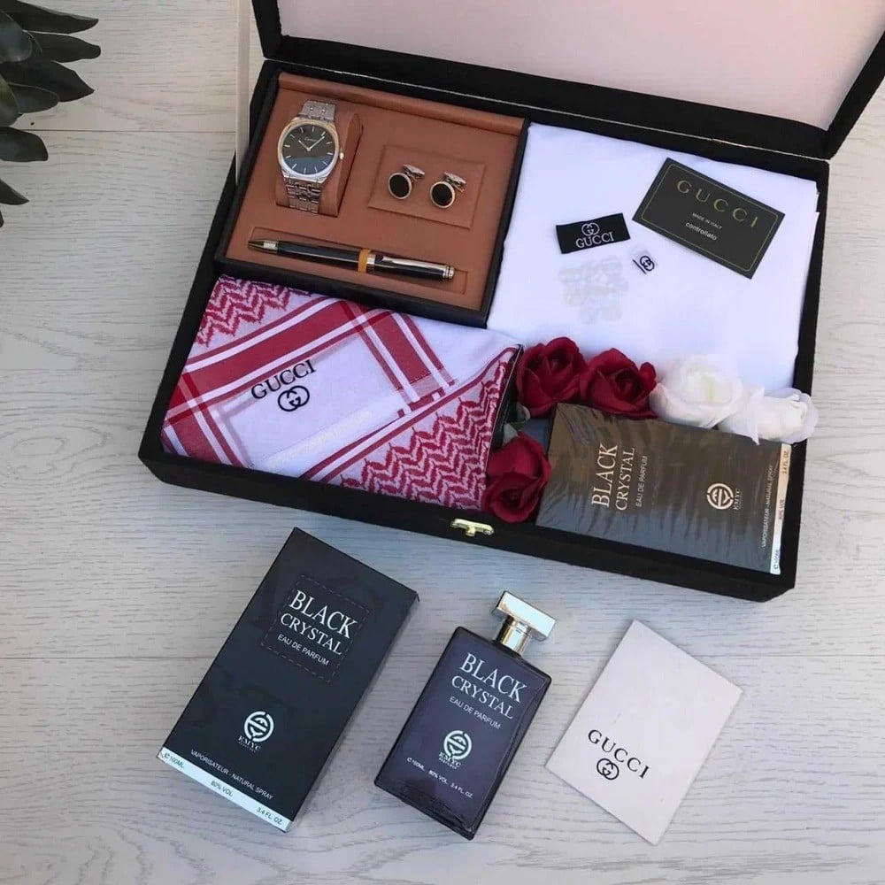 بوكس هدايا العيد للرجال | طقم رجالي قوتشي فاخر مع شماغ وساعة وعطر – هدية أنيقة للعيد 2026