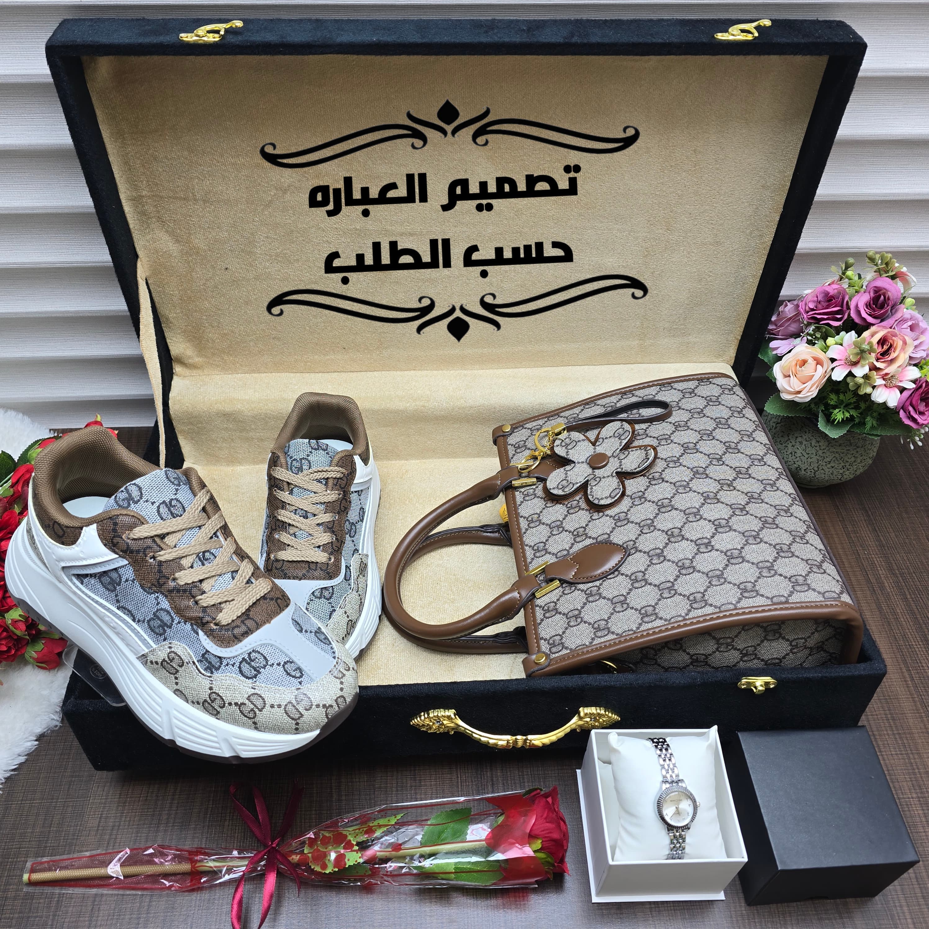 بوكس هدايا نسائي فاخر ماركة لويس فيتون – شنطة وشوز وساعة وورد هدية مثالية للنساء