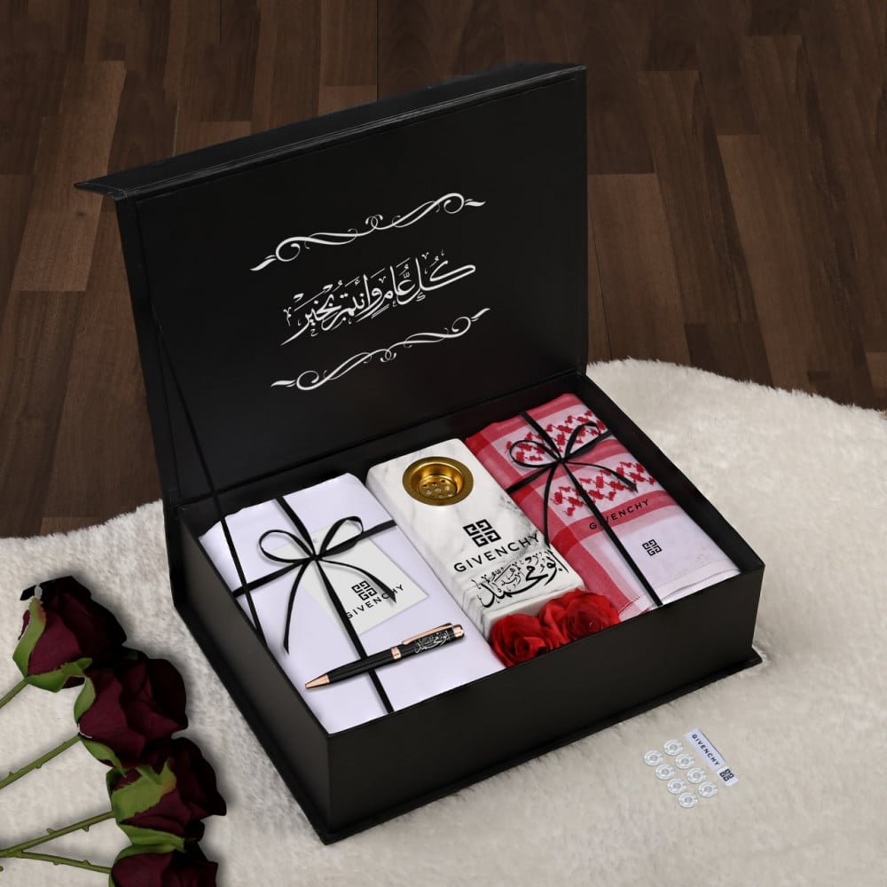 بوكس هدايا رجالي فاخر ماركة جيفنشي – شماغ، قماش، مبخرة، قلم بالاسم