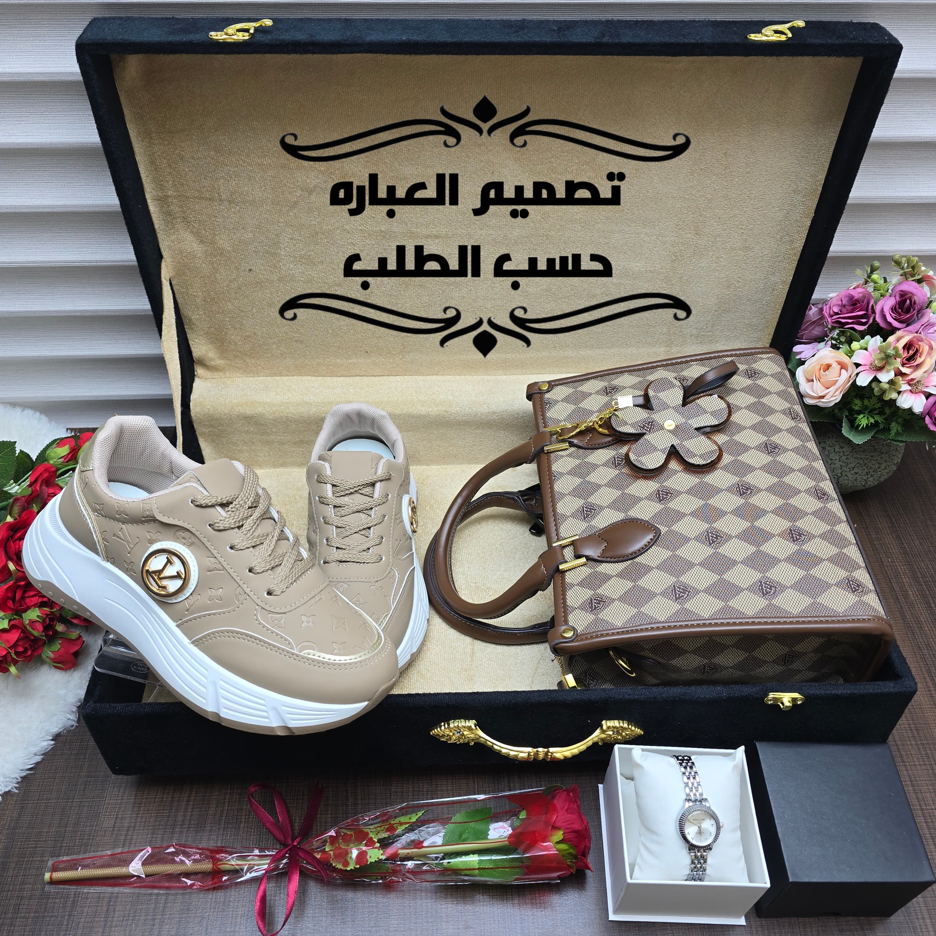 بوكس هدايا نسائي فاخر ماركة لويس فيتون – شنطة وشوز وساعة وورد هدية مثالية للنساء