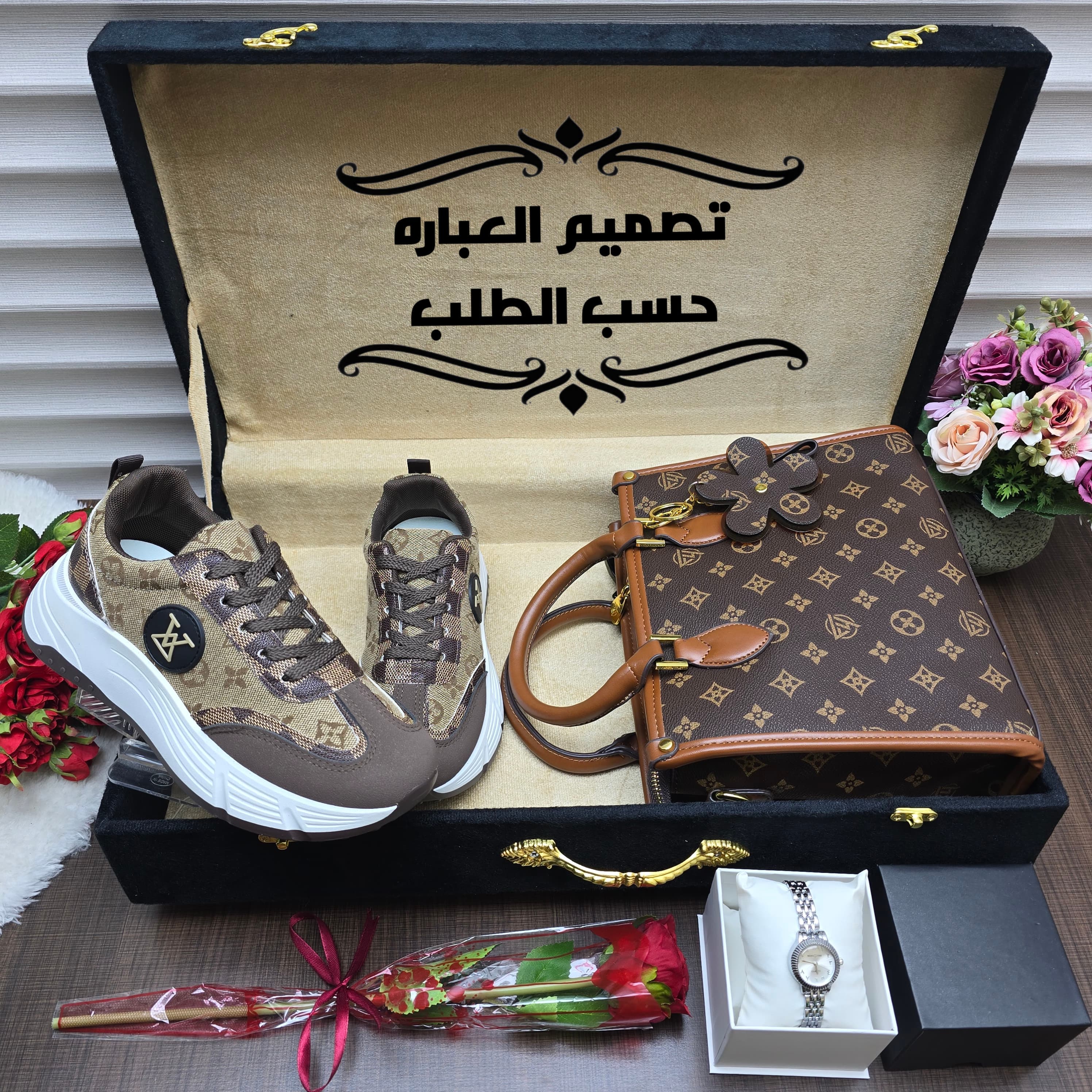 بوكس هدايا نسائي فاخر ماركة لويس فيتون – شنطة وشوز وساعة وورد هدية مثالية للنساء