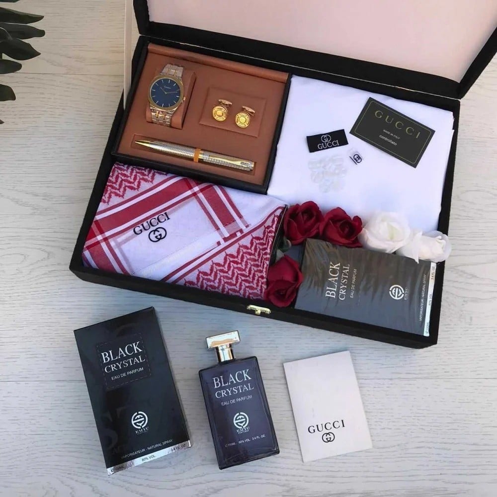 بوكس هدايا العيد للرجال | طقم رجالي قوتشي فاخر مع شماغ وساعة وعطر – هدية أنيقة للعيد 2026