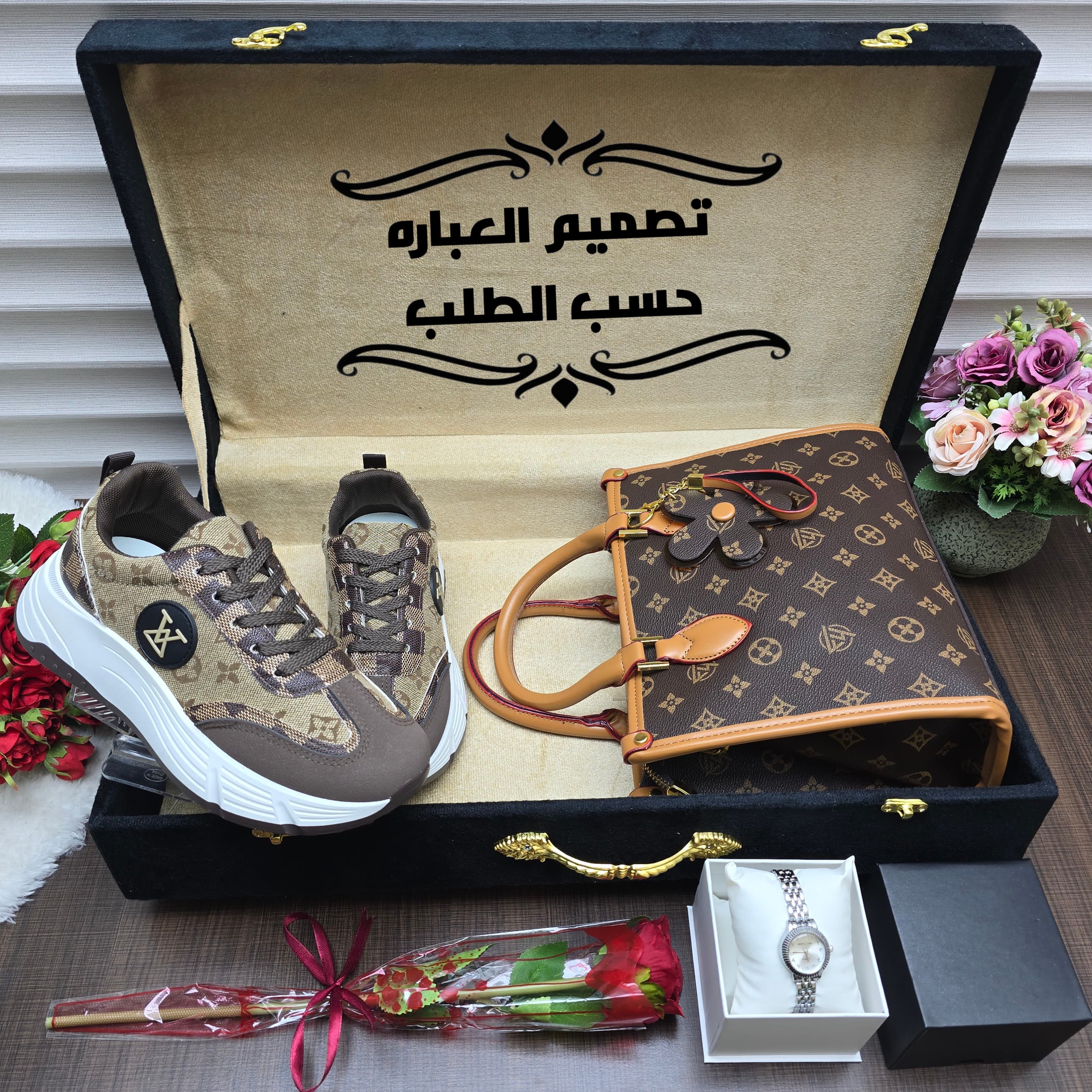 بوكس هدايا نسائي فاخر ماركة لويس فيتون – شنطة وشوز وساعة وورد هدية مثالية للنساء