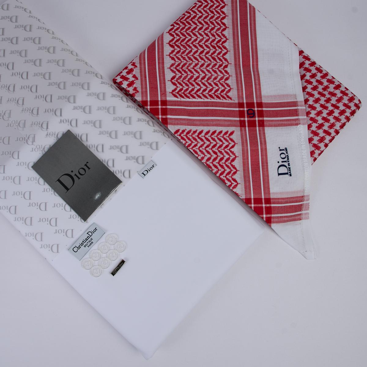 طقم هدايا رجالي ديور - قماش صيفي وشماغ ديور أحمر إنجليزي ملحقات كاملة