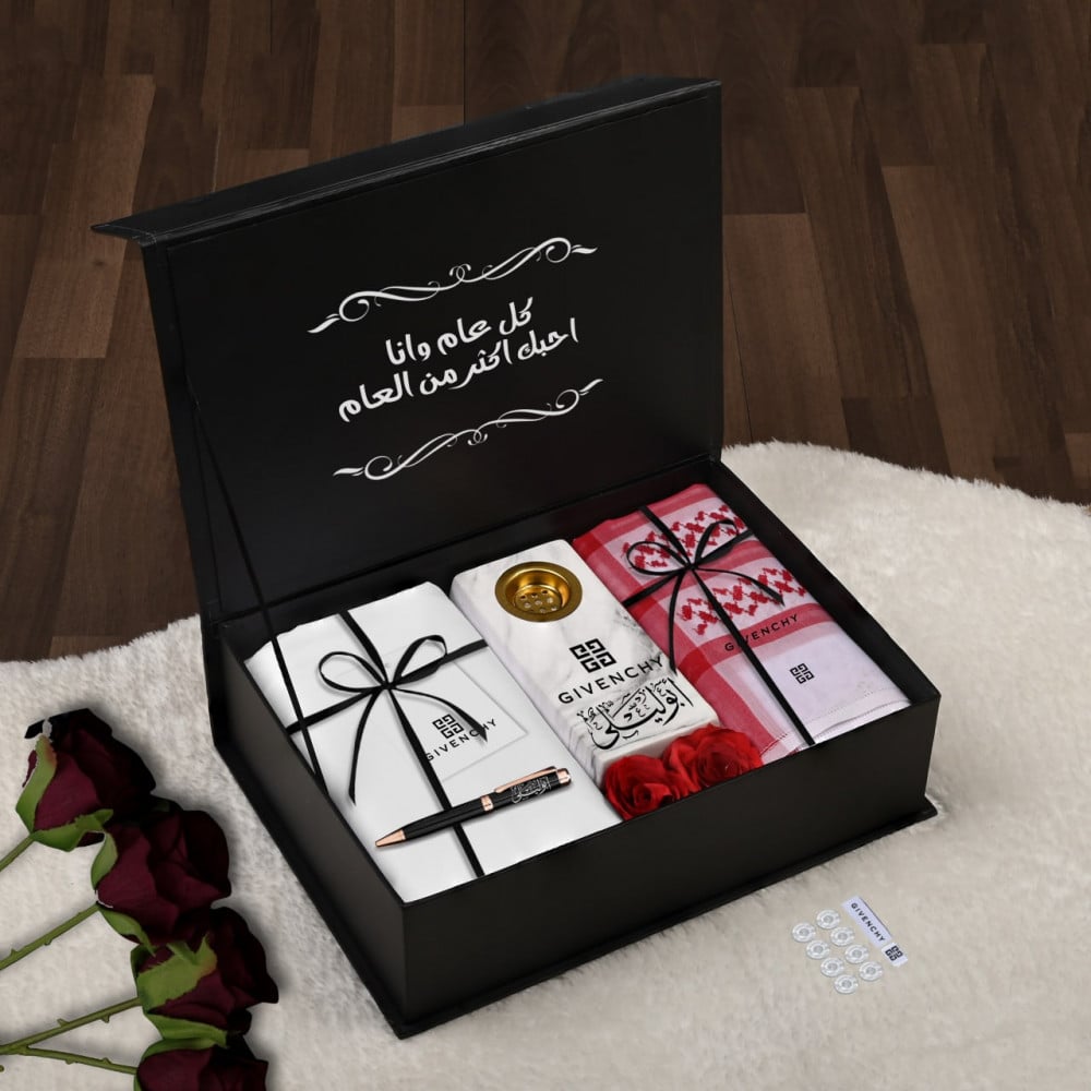 بوكس هدايا رجالي فاخر ماركة جيفنشي – شماغ، قماش، مبخرة، قلم بالاسم