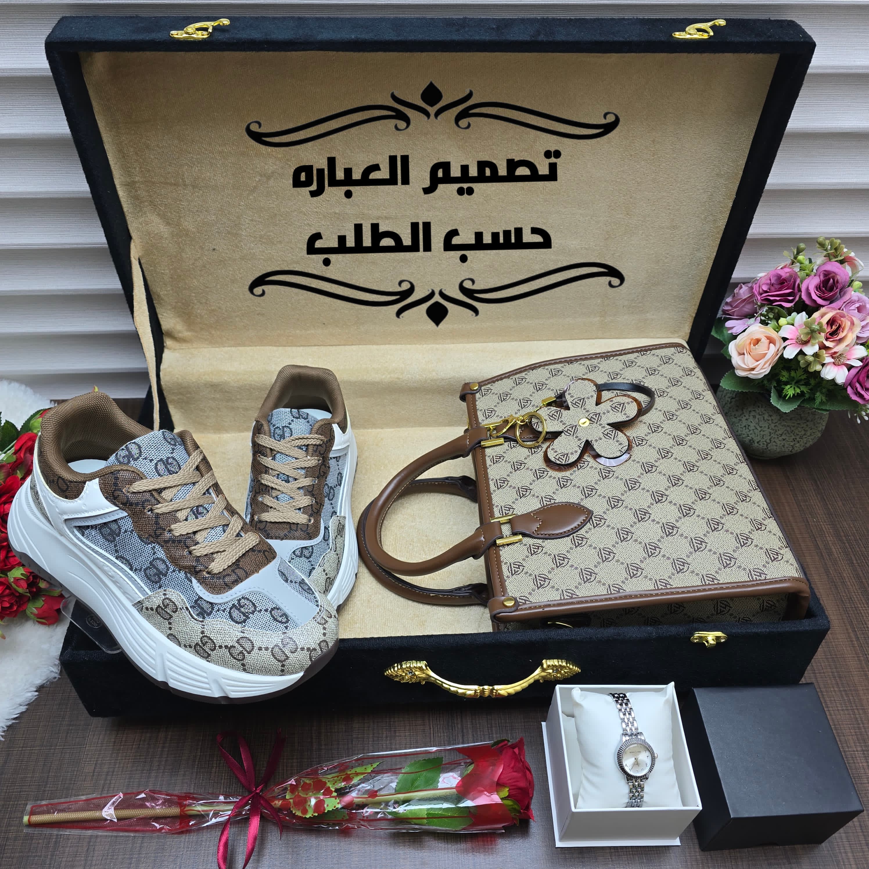 بوكس هدايا نسائي فاخر ماركة لويس فيتون – شنطة وشوز وساعة وورد هدية مثالية للنساء