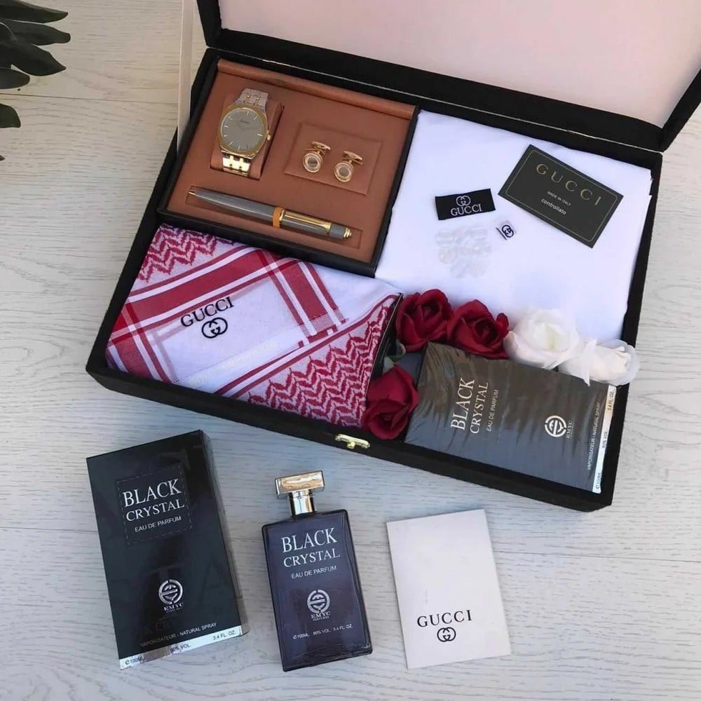 بوكس هدايا العيد للرجال | طقم رجالي قوتشي فاخر مع شماغ وساعة وعطر – هدية أنيقة للعيد 2026