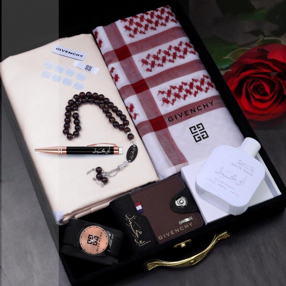 طقم هدايا رجالية فاخر من جيفنشي – شماغ، قماش، ساعة، ومحفورات بالاسم داخل بوكس أنيق