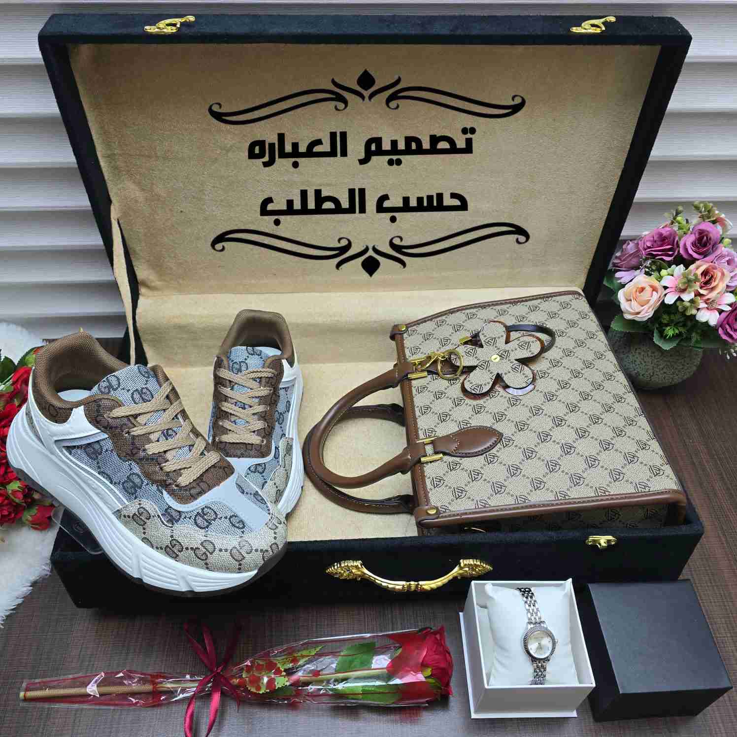 بوكس هدايا نسائي فاخر ماركة لويس فيتون – شنطة وشوز وساعة وورد هدية مثالية للنساء