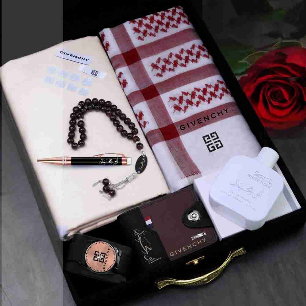 طقم هدايا رجالية فاخر من جيفنشي – شماغ، قماش، ساعة، ومحفورات بالاسم داخل بوكس أنيق