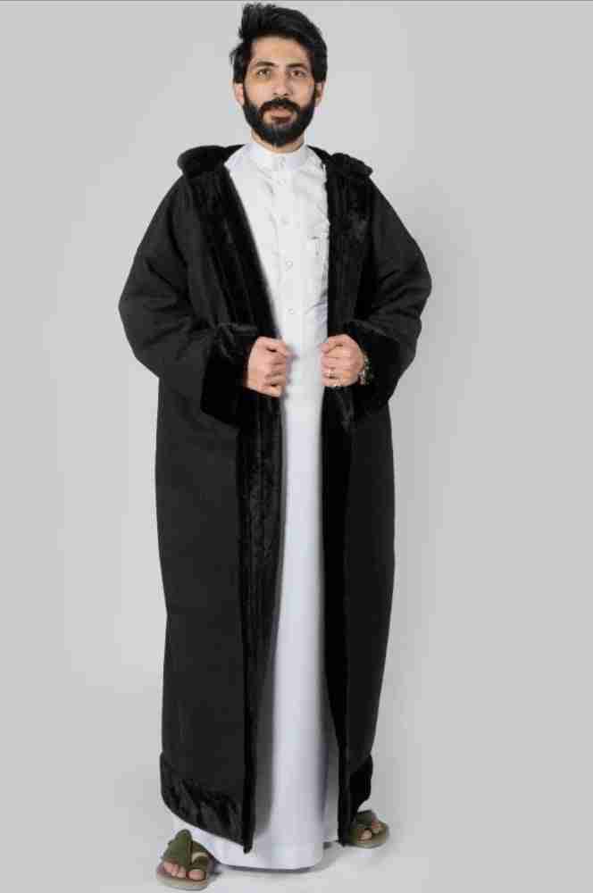 فروة رجالية شتوية باللون الأسود مع قبعة